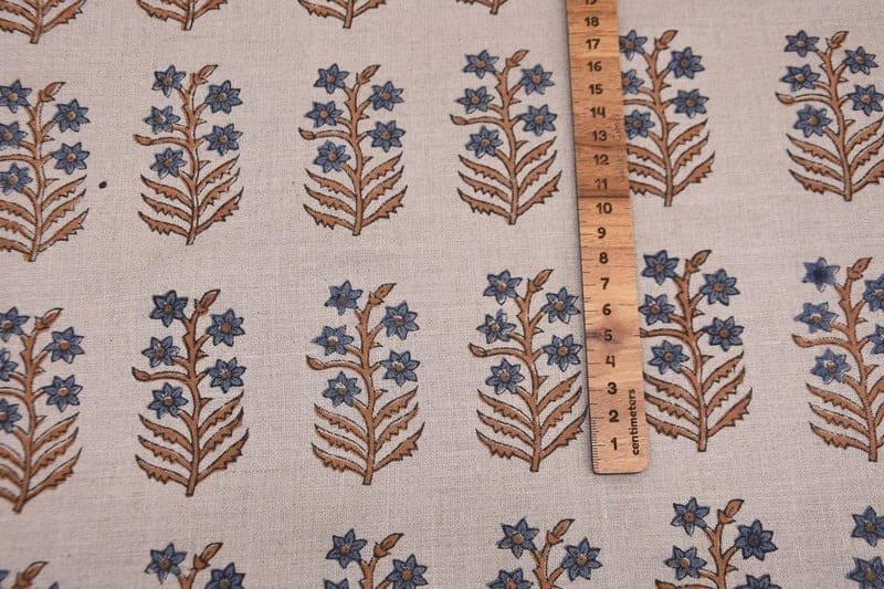 Block Print Upholstery Linen Fabric Gray Floral - Inderdhanush