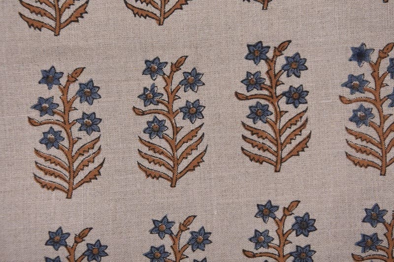 Block Print Upholstery Linen Fabric Gray Floral - Inderdhanush