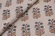 Block Print Upholstery Linen Fabric Gray Floral - Inderdhanush