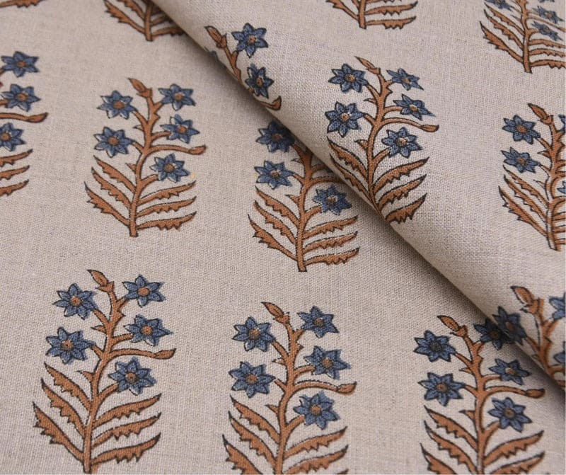 Block Print Upholstery Linen Fabric Gray Floral - Inderdhanush