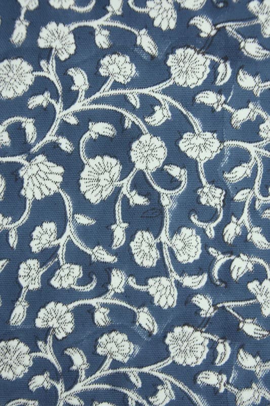 Block Print White Blue Floral Cotton Fabric For Cushions- Himachal