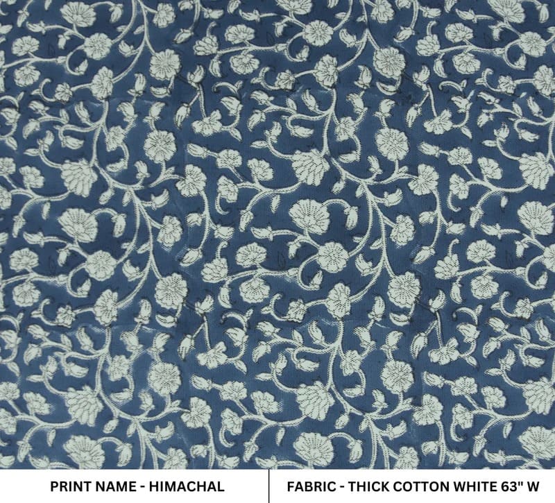 Block Print White Blue Floral Cotton Fabric For Cushions- Himachal