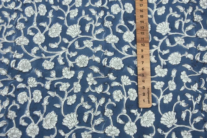Block Print White Blue Floral Cotton Fabric For Cushions- Himachal
