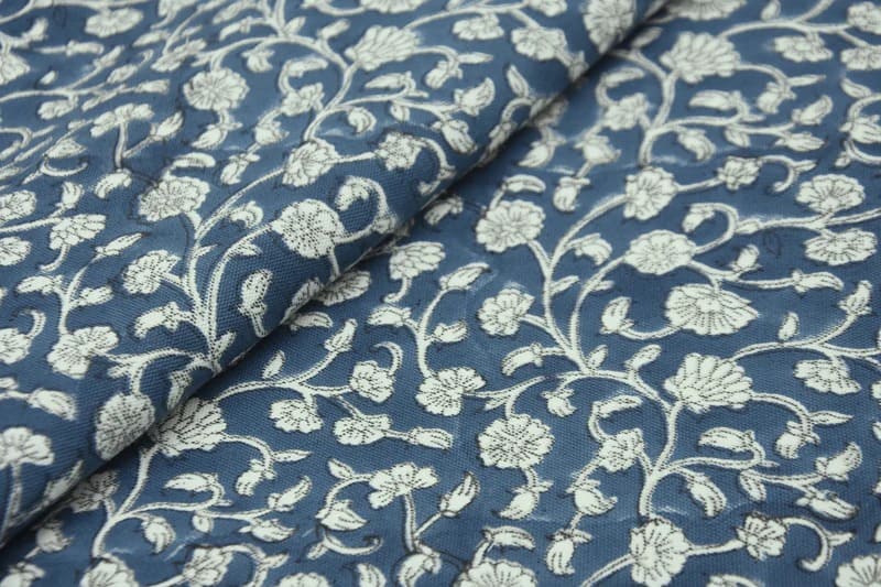 Block Print White Blue Floral Cotton Fabric For Cushions- Himachal