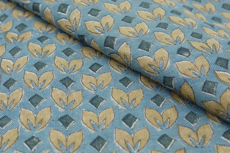 Block Printed Yellow Blue Floral Linen Cushion Fabric - Titlee
