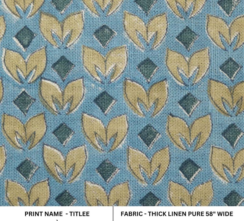 Block Printed Yellow Blue Floral Linen Cushion Fabric - Titlee