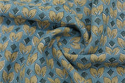 Block Printed Yellow Blue Floral Linen Cushion Fabric - Titlee