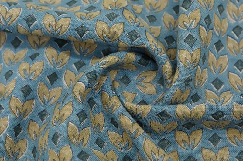 Block Printed Yellow Blue Floral Linen Cushion Fabric - Titlee