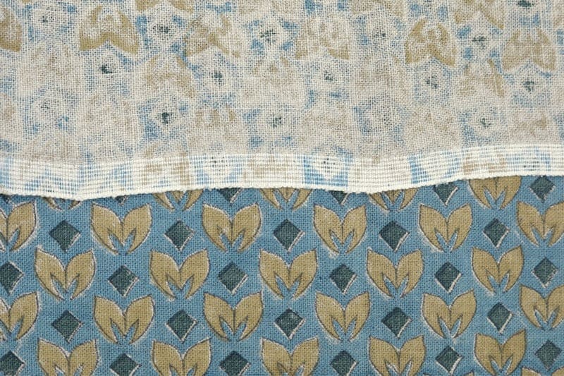 Block Printed Yellow Blue Floral Linen Cushion Fabric - Titlee