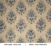 Block Printed Blue Green Floral Boho Linen Throw Fabric - Betel Leaf