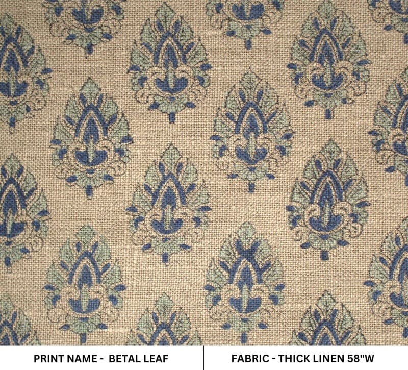 Block Printed Blue Green Floral Boho Linen Throw Fabric - Betel Leaf