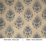 Block Printed Blue Green Floral Boho Linen Throw Fabric - Betel Leaf