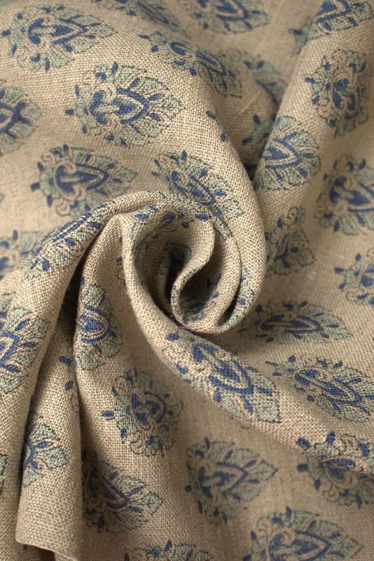 Block Printed Blue Green Floral Boho Linen Throw Fabric - Betel Leaf