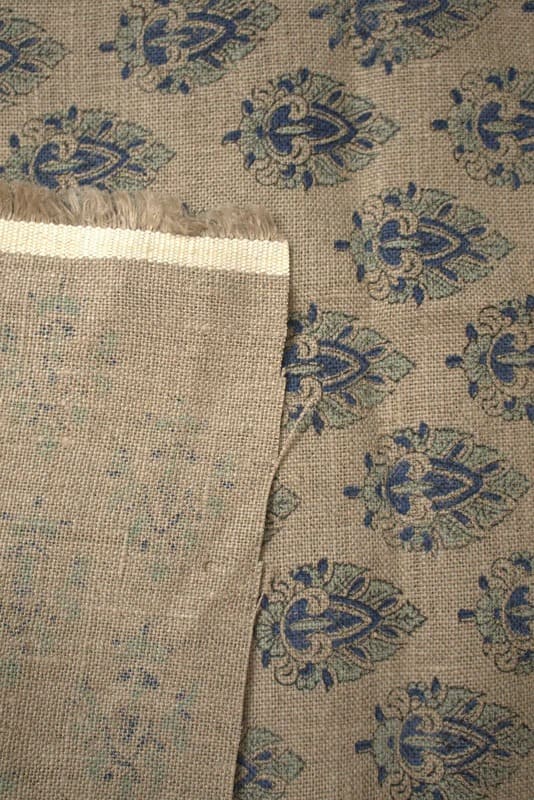 Block Printed Blue Green Floral Boho Linen Throw Fabric - Betel Leaf