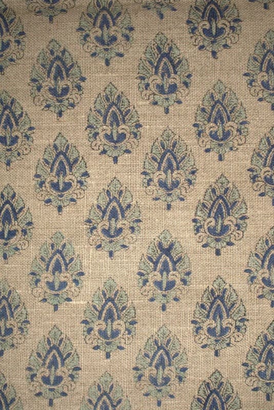 Block Printed Blue Green Floral Boho Linen Throw Fabric - Betel Leaf