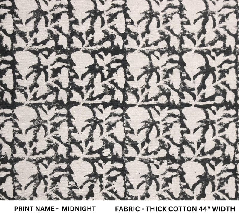 Block Printed Duck Canvas Black Beige Floral Fabric – Midnight