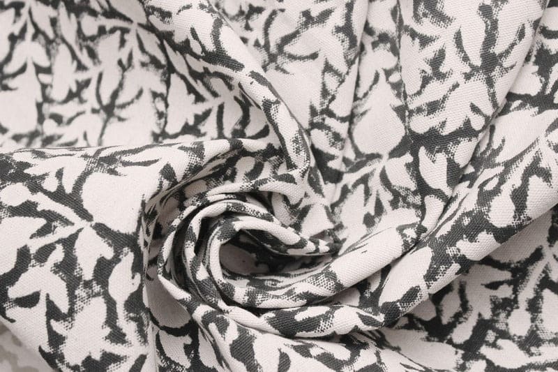 Block Printed Duck Canvas Black Beige Floral Fabric – Midnight