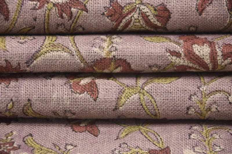 Block Printed Pink Red Floral Linen Throw Fabric - Naayab