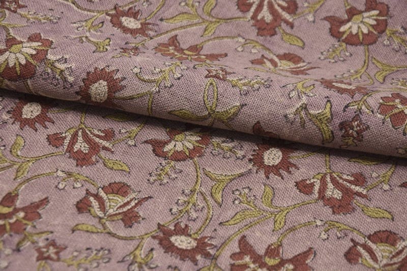 Block Printed Pink Red Floral Linen Throw Fabric - Naayab