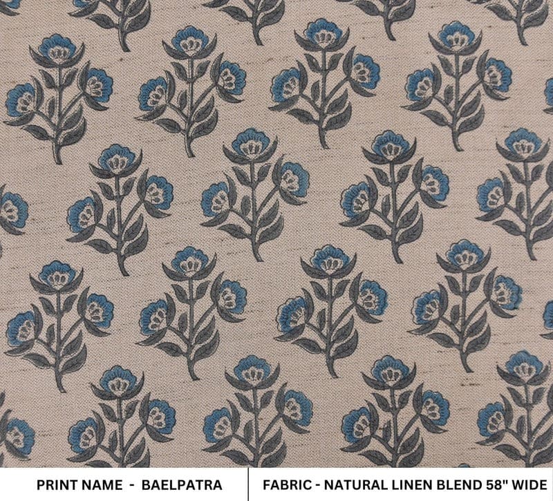 Hand Block Print Blue & Brown Linen Fabric For Lampshade - Baelpatra