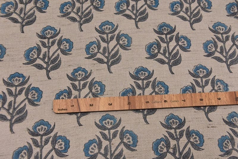 Hand Block Print Blue & Brown Linen Fabric For Lampshade - Baelpatra
