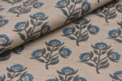 Hand Block Print Blue & Brown Linen Fabric For Lampshade - Baelpatra