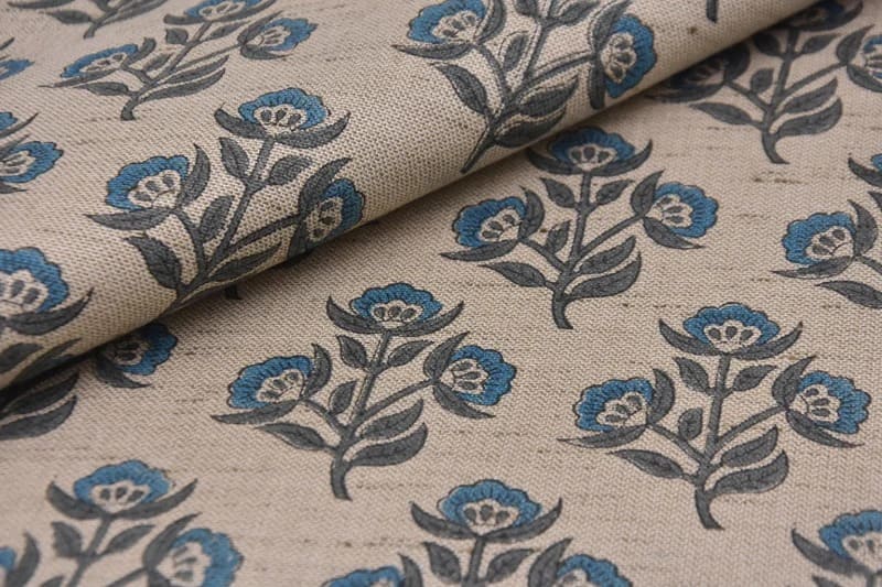 Hand Block Print Blue & Brown Linen Fabric For Lampshade - Baelpatra