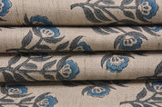 Hand Block Print Blue & Brown Linen Fabric For Lampshade - Baelpatra