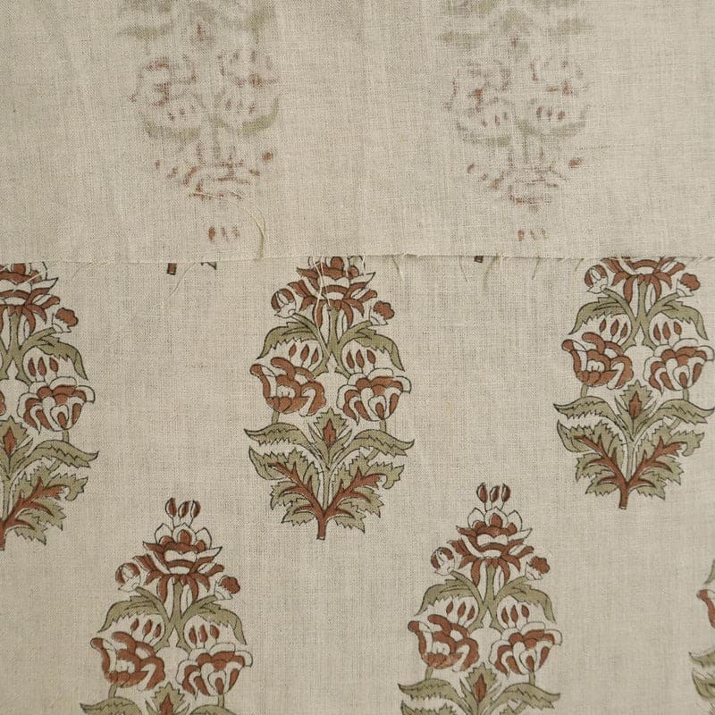 Hand Block Print Linen Brown & Green Fabric for Home Decor - Sikander