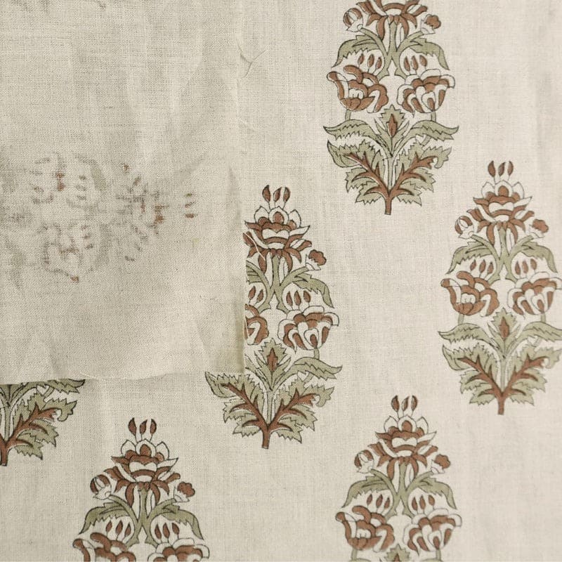 Hand Block Print Linen Brown & Green Fabric for Home Decor - Sikander