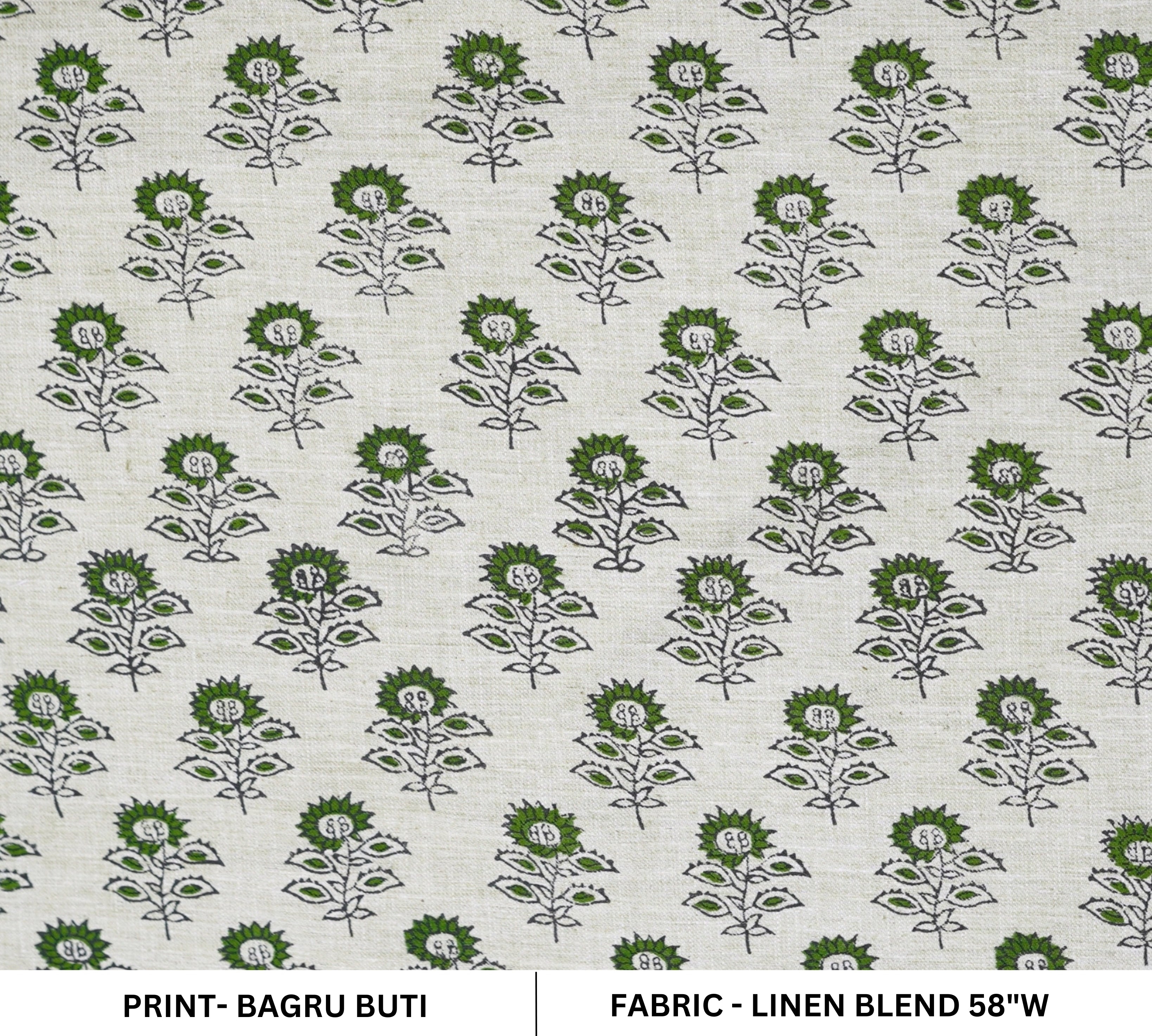 Handmade Floral Green Linen Blend Fabric Traditional - Bagru Buti Print