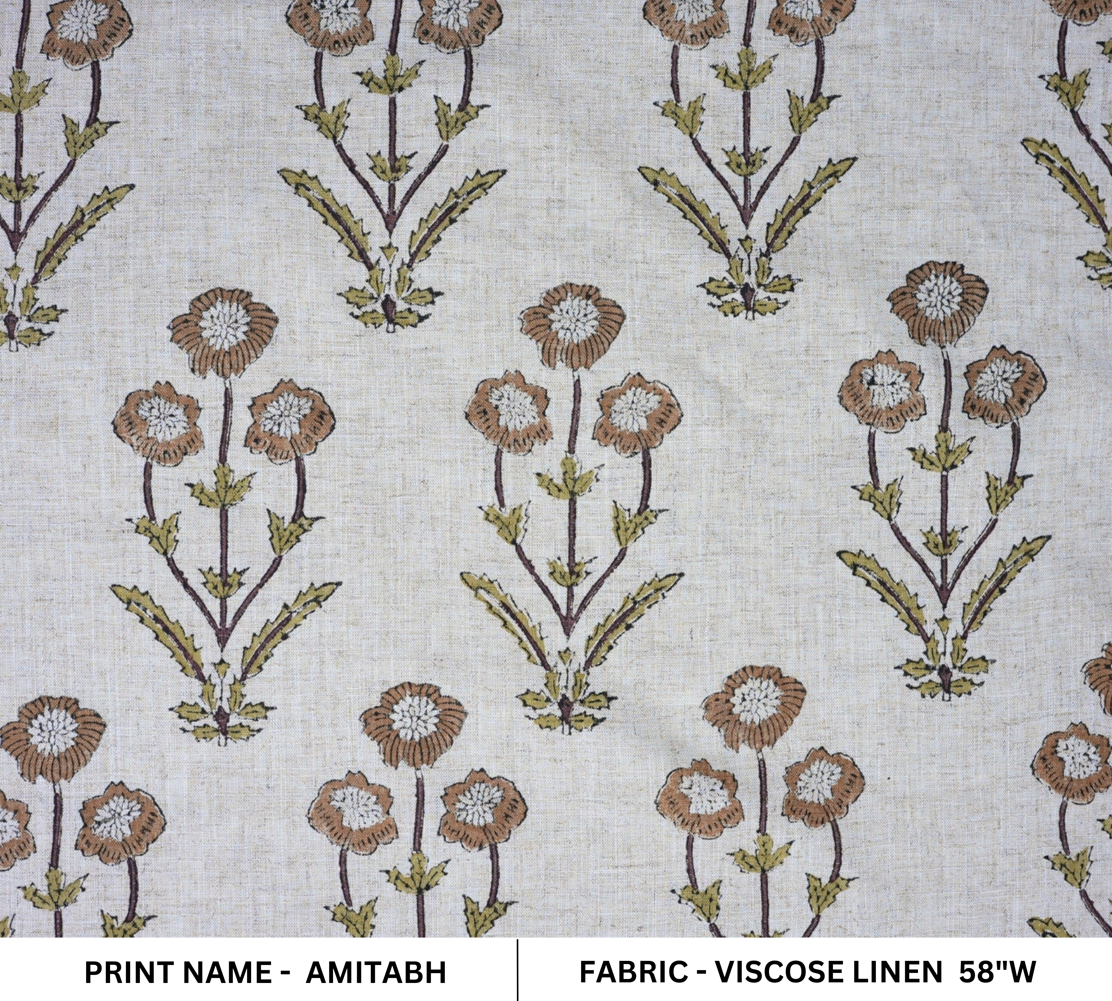 Handmade Floral Viscose Linen Fabric in Artisanal Block Print - Amitabh Brown
