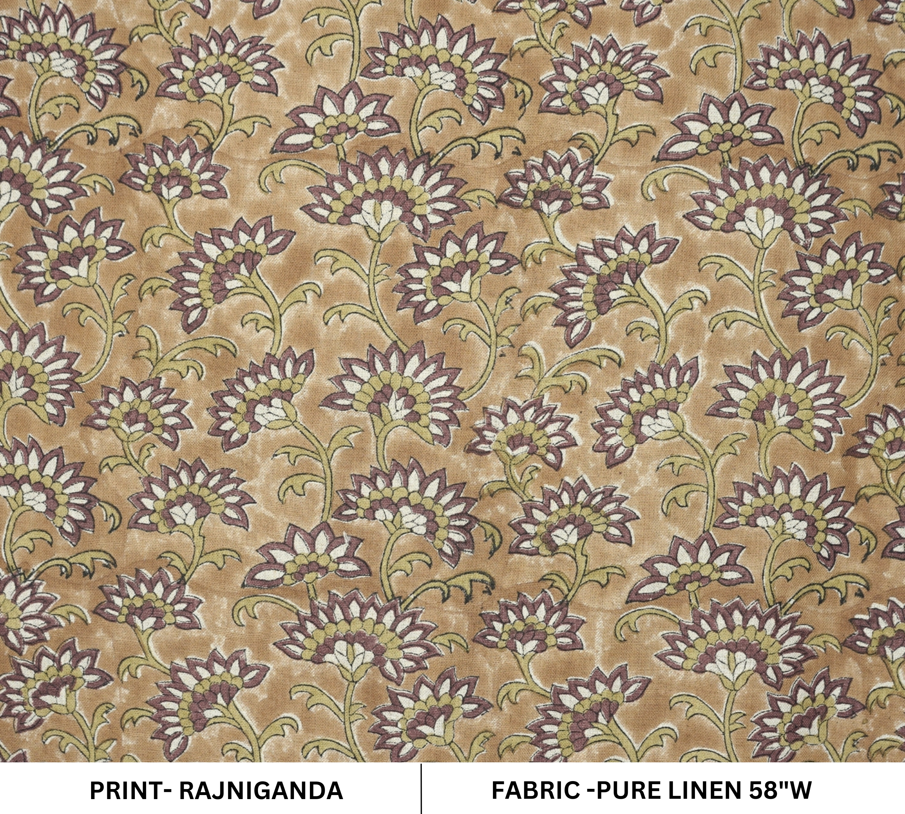 Block Printed Traditional Brown Floral Sustainable Pure Linen Fabric - Rajnigandha