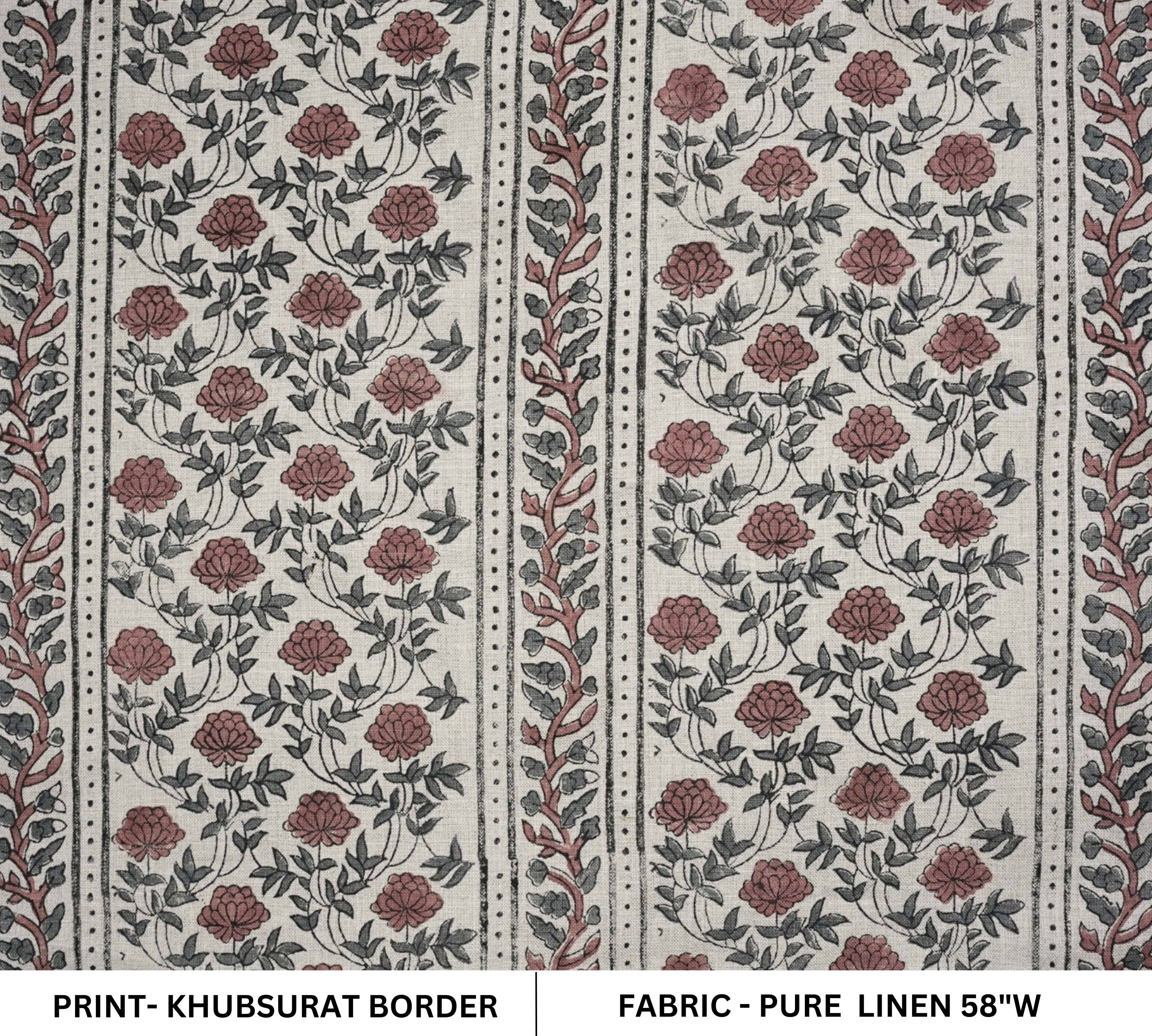 Handblock Printed Ecofriendly Soft Pure Linen Floral Boho Design Fabric - Khubsurat 