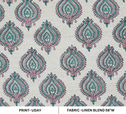 Handmade Boho Block Print on Soft Linen Blend Pink Floral Fabric - Uday 