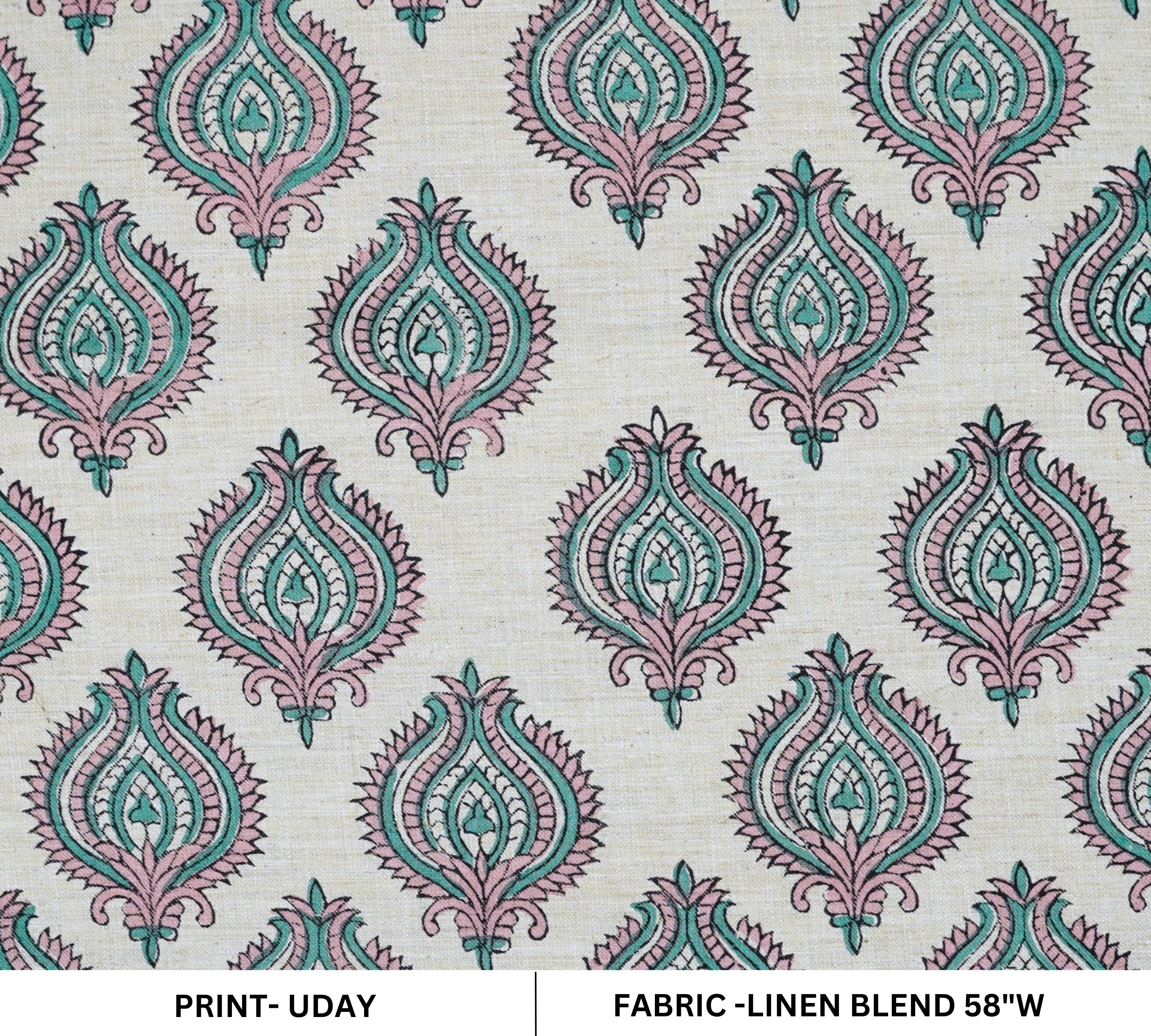 Handmade Boho Block Print on Soft Linen Blend Pink Floral Fabric - Uday 