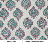 Handmade Boho Block Printed on Linen Blend Pink & Green Floral Fabric - Uday Print