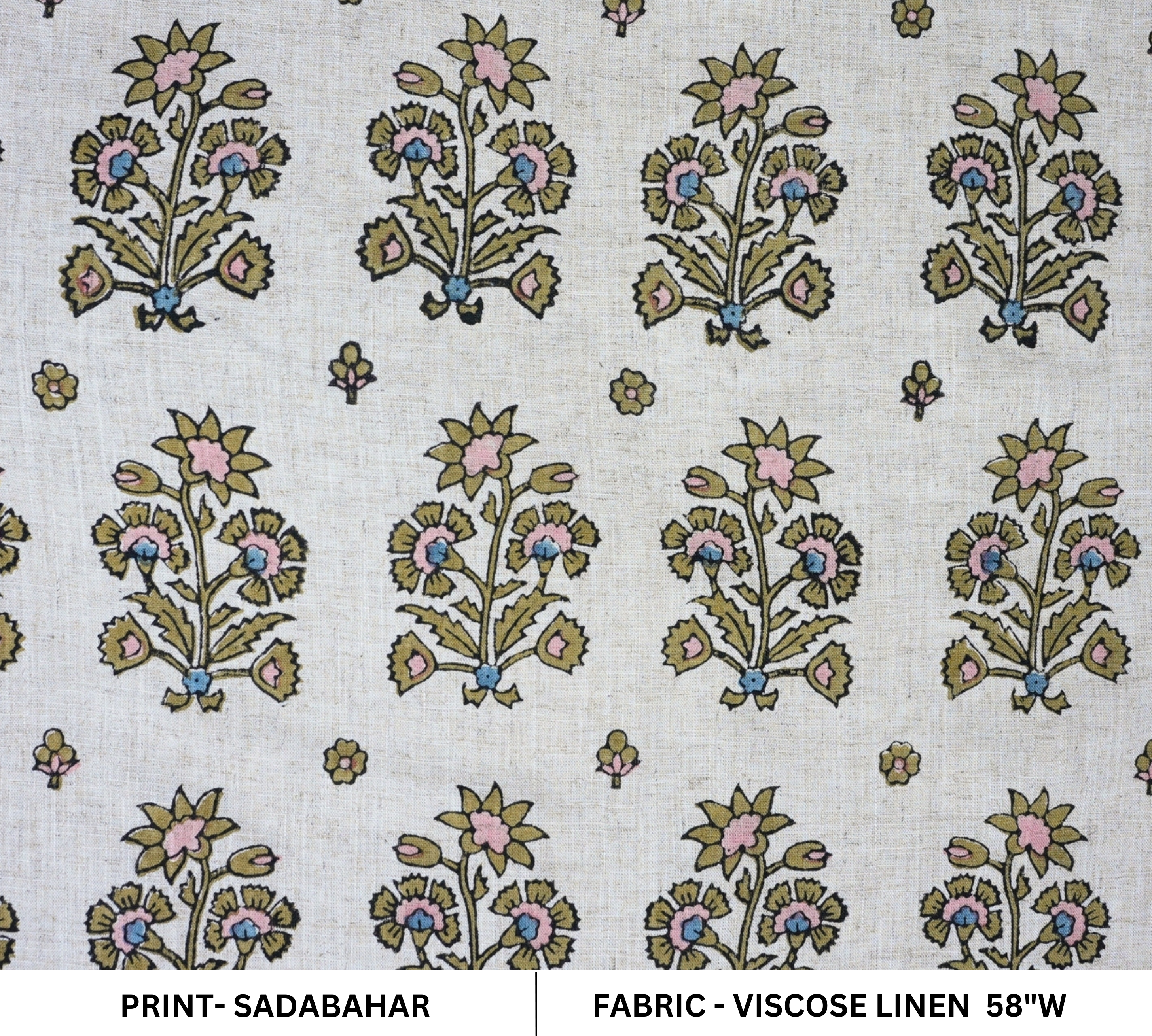 Hand-Stamped Boho Woodblock Print Brown Floral Viscose Linen Fabric – Sadabahar