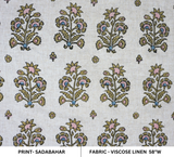 Hand Stamped Boho Block Printed Pink, Green and Blue Floral Viscose Linen Fabric – SADABAHAR