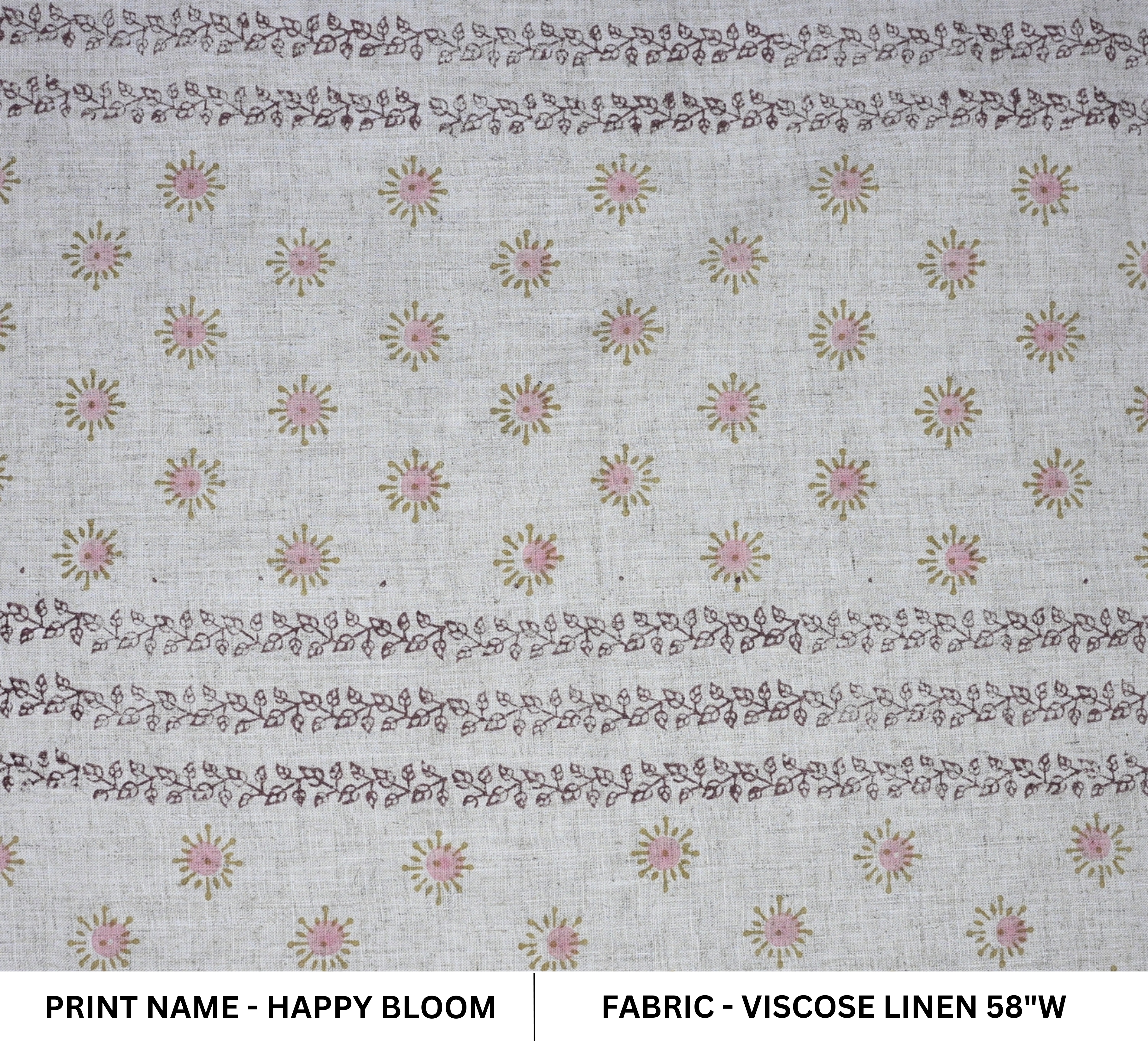 Handmade Pink Floral Viscose Linen Fabric for Cushions & Curtains - Happy Bloom Border 
