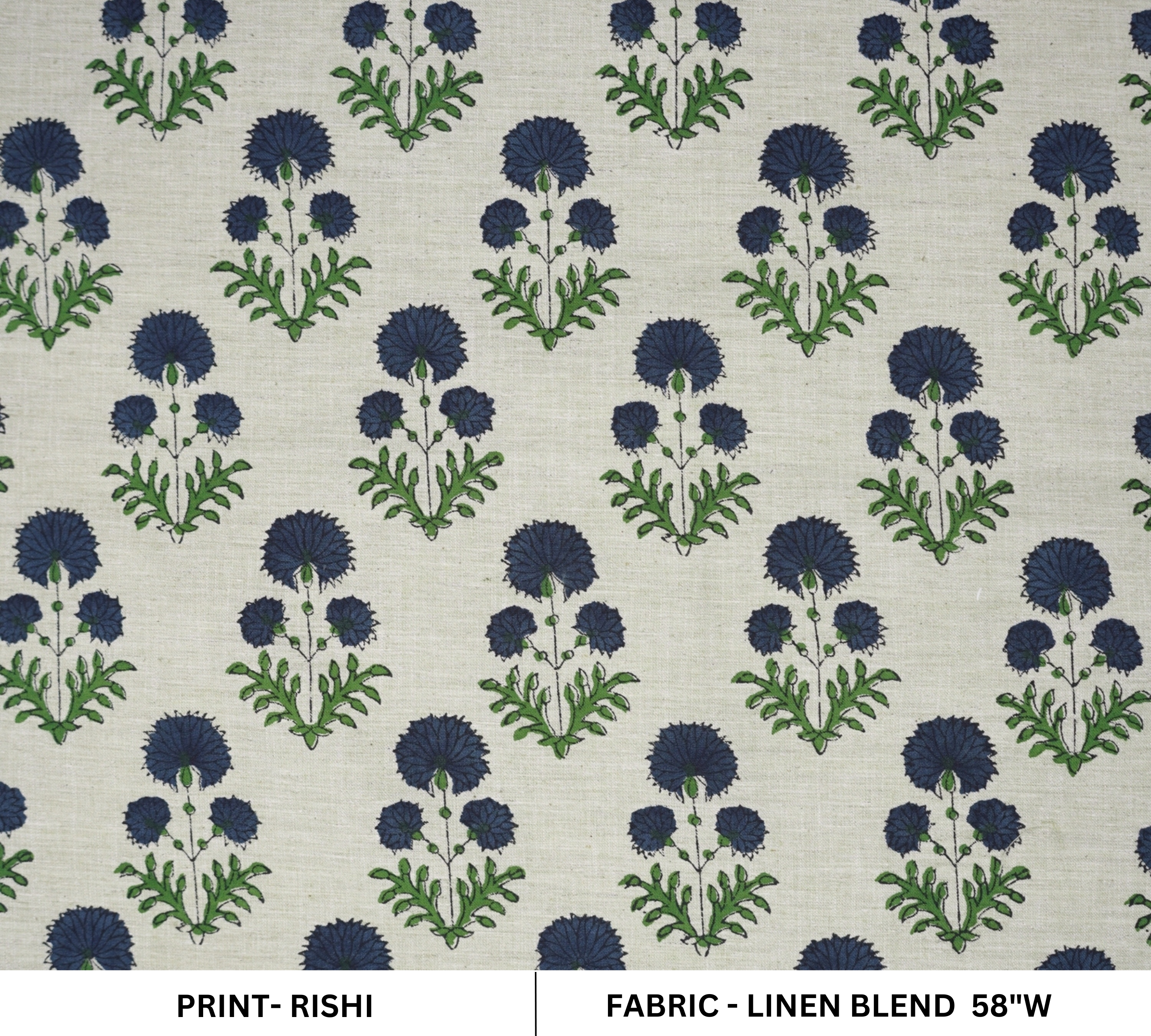 Blue Floral Block Printed Lightweight Linen Blend Fabric  - Rishi Design