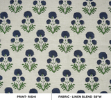 Handcrafted Blue and Green Floral Block Printed Lightweight Linen Blend Fabric - RISHI