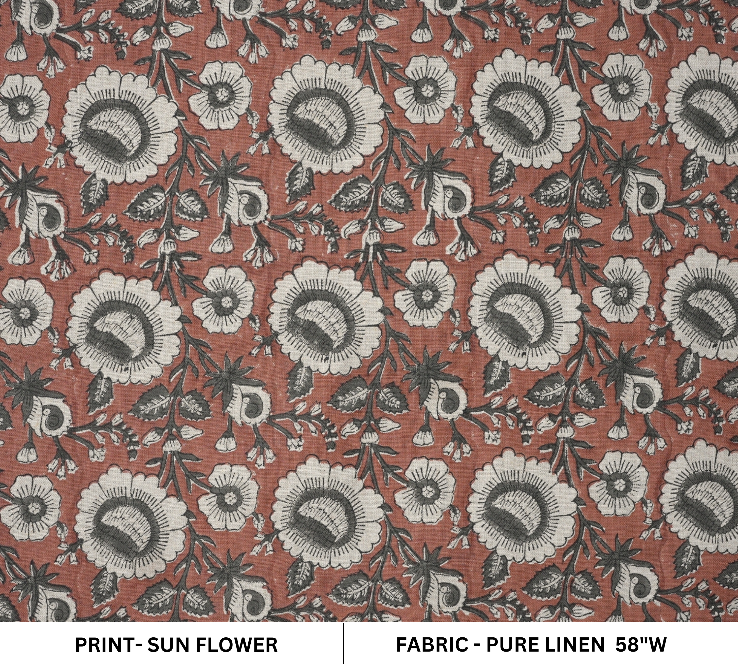 Handcrafted Elegant Red Floral Pure Linen Fabric Sustainable & Soft Sunflower Design
