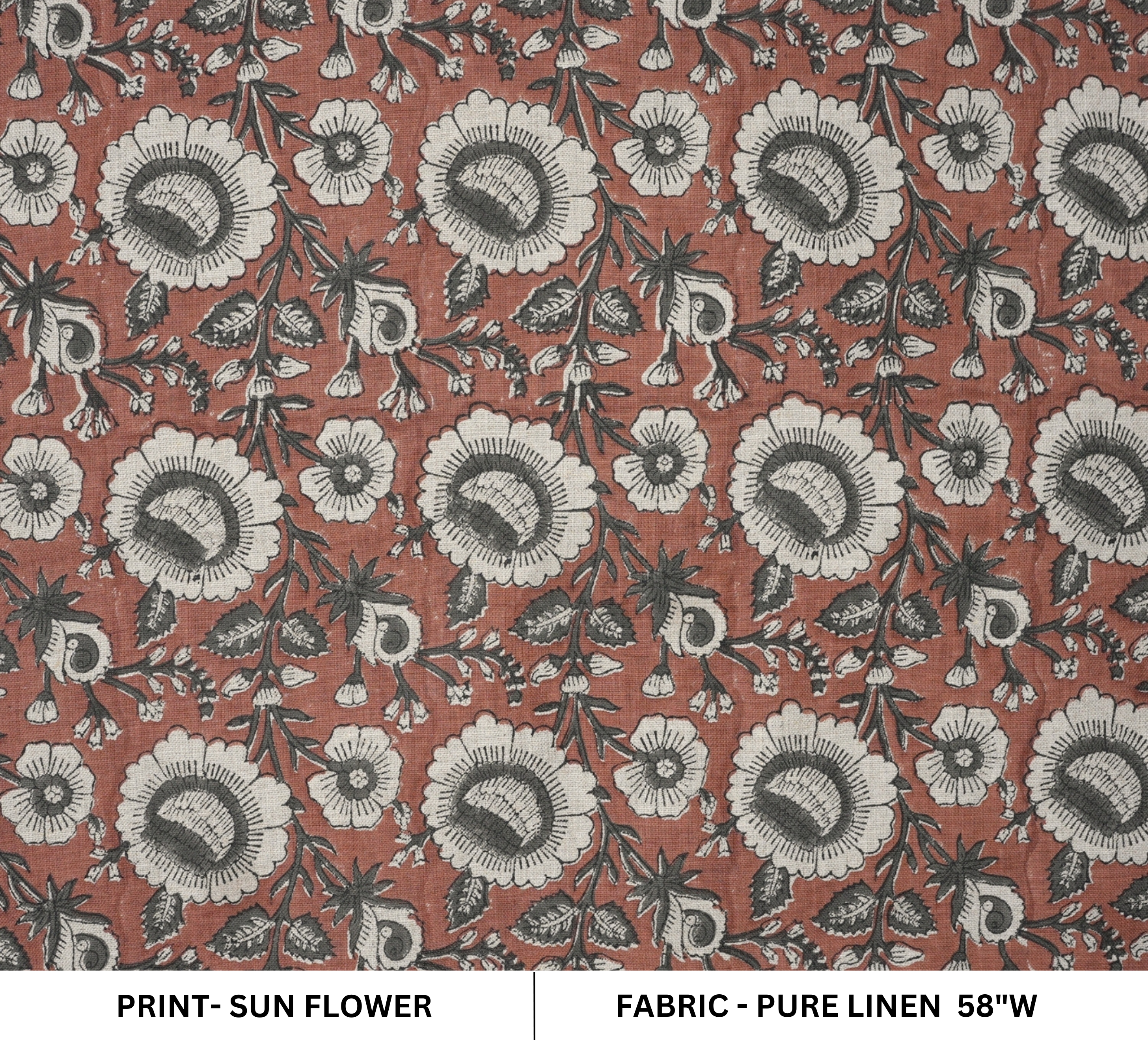 Handcrafted Elegant Red Floral Pure Linen Fabric Sustainable & Soft Sunflower Design