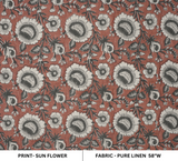 Handcrafted Elegant Block Printed Red Floral Pure Linen Soft Fabric - Sunflower Design