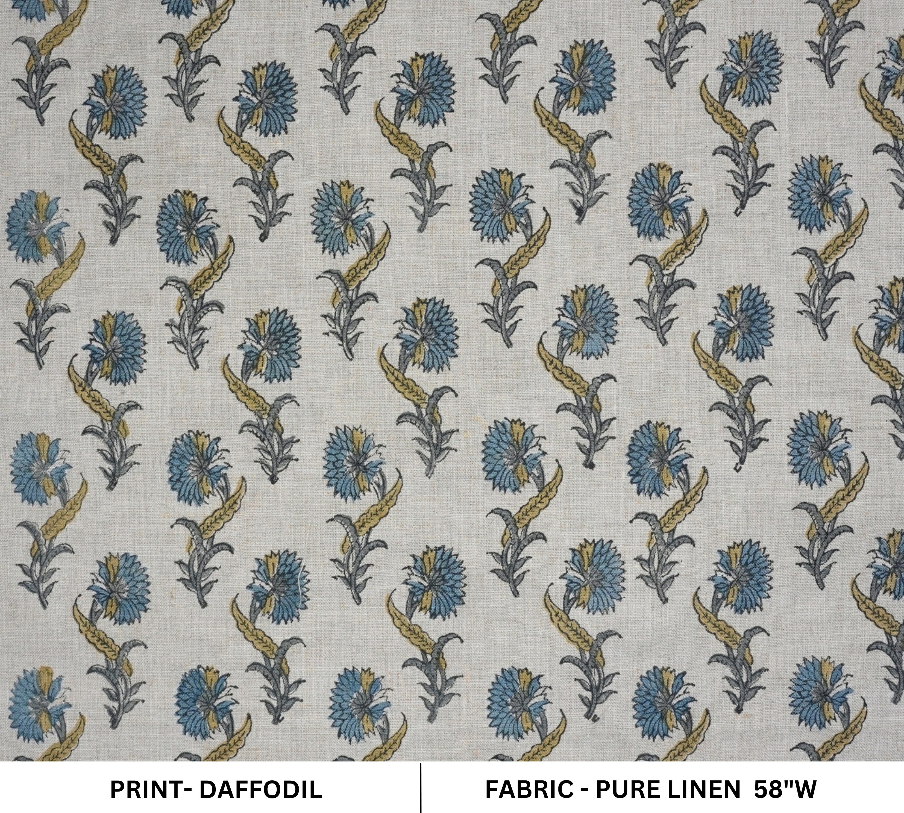 Handcrafted Sustainable Block Printed on Pure Linen Blue Floral Fabric - Daffodil 