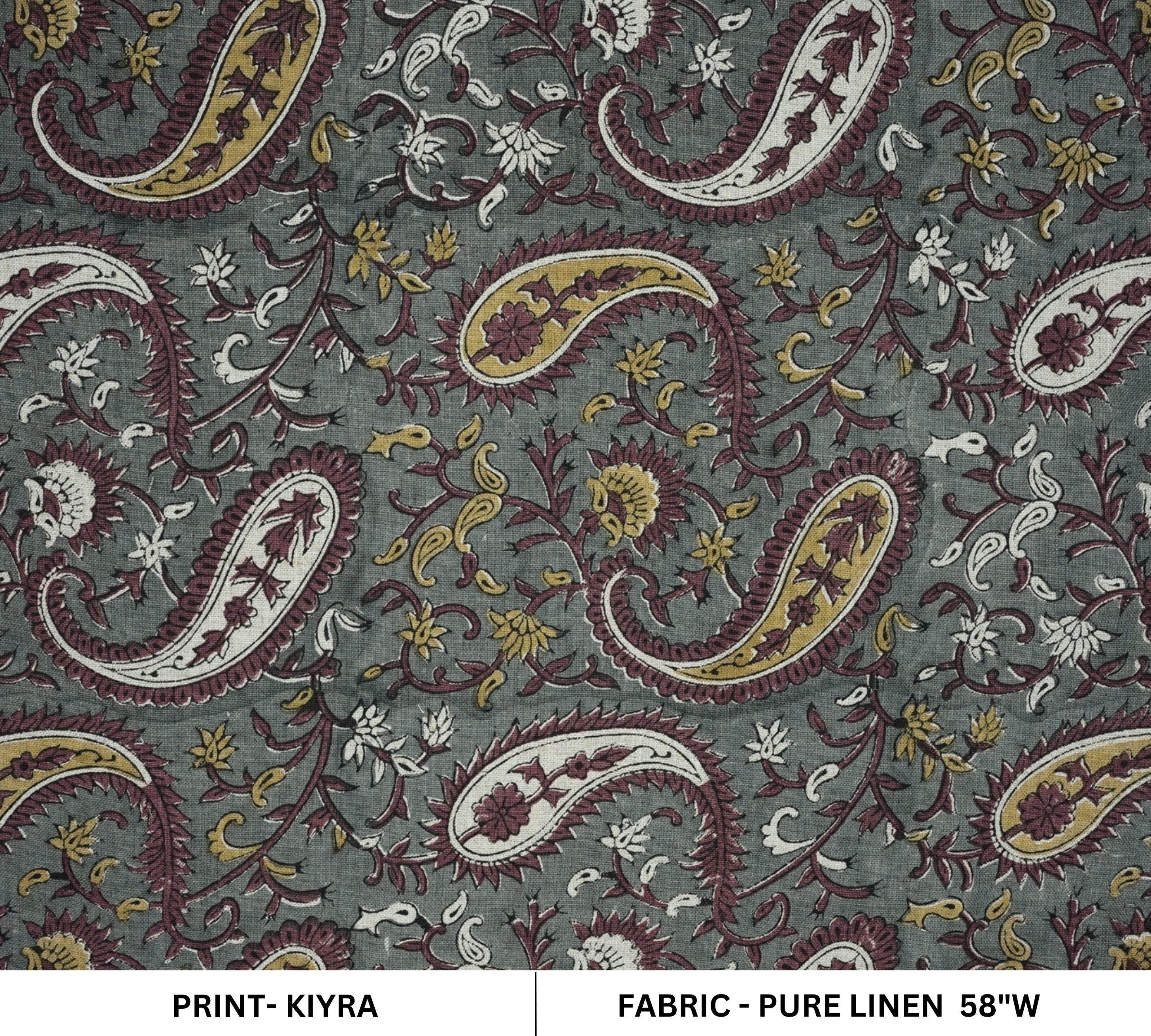 Handmade Pure Linen Gray Floral Block Printed Boho Fabric Ecofriendly Textile - Kiyra 
