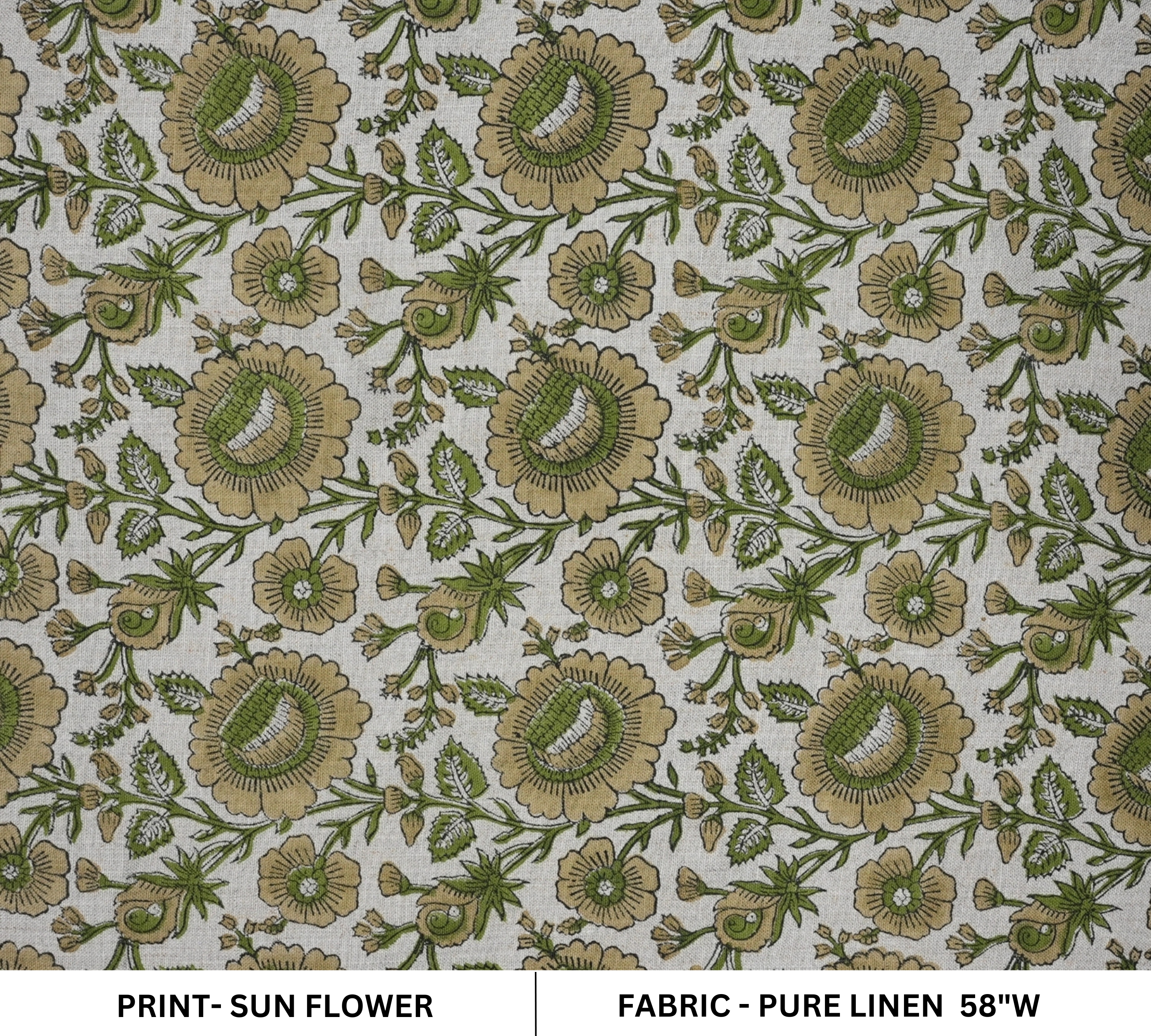 Handcrafted Elegant Green Floral Pure Linen Sustainable & Soft Fabric - Sunflower Design