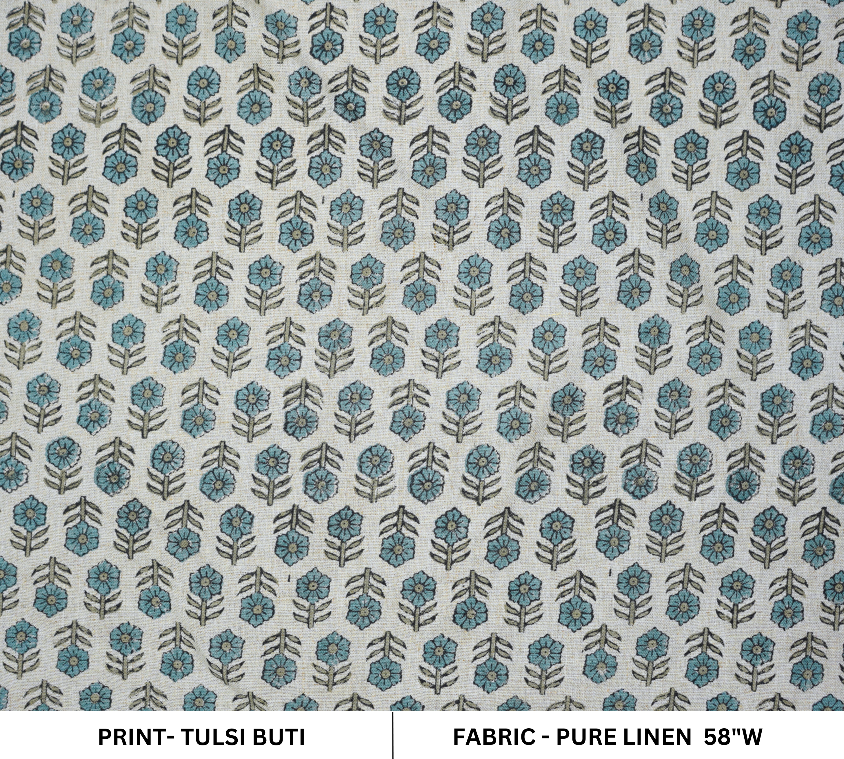 Handmade Boho Blue Floral Pure Linen Fabric Customizable & Eco-Friendly Tulsi Buti Design