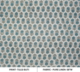 Handmade Boho Blue Floral Pure Linen Fabric Customizable & Eco-Friendly Tulsi Buti Design